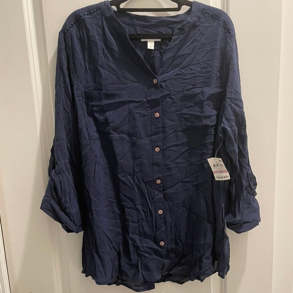 NWT Charter Club LS Navy Blouse 1X
